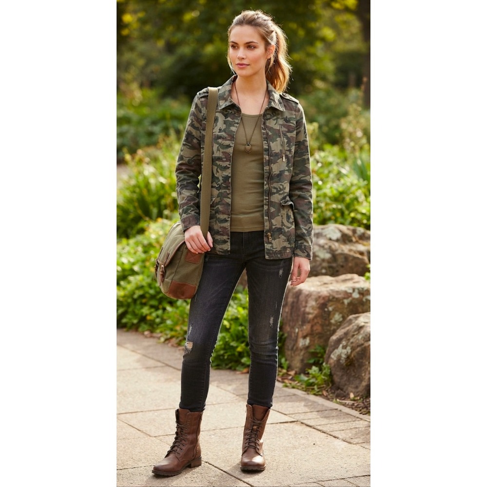 River Island Camo Utility Jacket Unisex Military Field Coat Green Brown Size 6